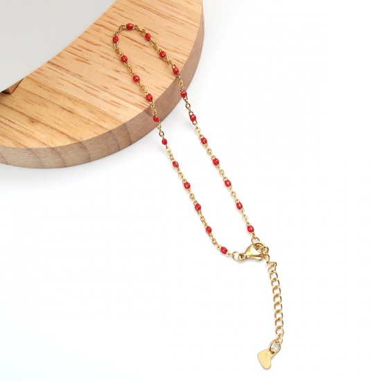 Picture of 304 Stainless Steel Enamel Anklet Gold Plated Red Round 23cm(9") long, 1 Piece