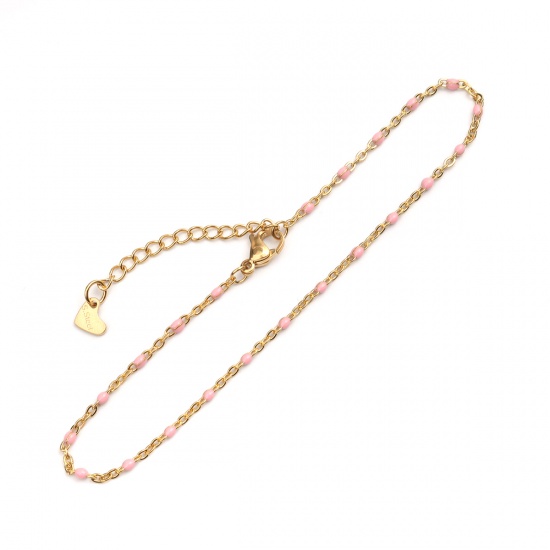 Picture of 304 Stainless Steel Enamel Anklet Gold Plated Pink Round 23cm(9") long, 1 Piece
