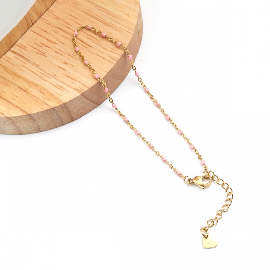 Picture of 304 Stainless Steel Enamel Anklet Gold Plated Pink Round 23cm(9") long, 1 Piece