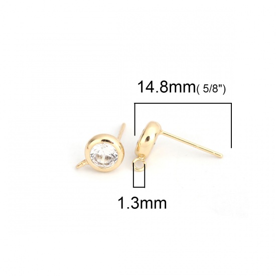Picture of Brass & Sterling Silver Ear Post Stud Earrings 18K Real Gold Plated Round W/ Loop Clear Cubic Zirconia 9mm x 7mm, Post/ Wire Size: (21 gauge), 6 PCs                                                                                                          