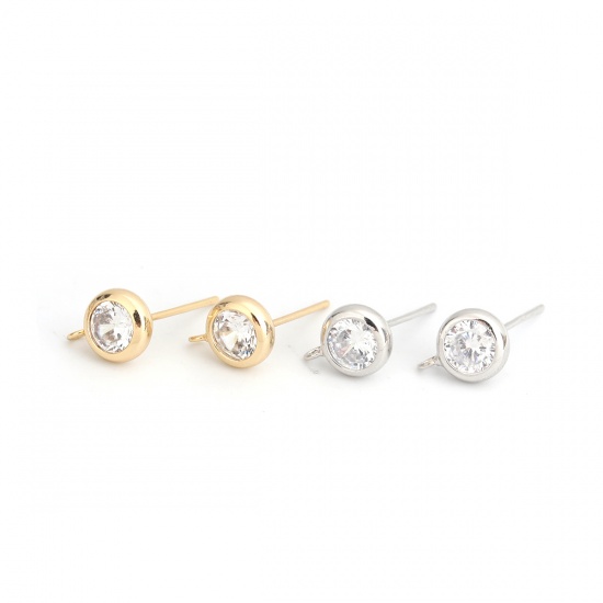 Picture of Brass & Sterling Silver Ear Post Stud Earrings 18K Real Gold Plated Round W/ Loop Clear Cubic Zirconia 9mm x 7mm, Post/ Wire Size: (21 gauge), 6 PCs                                                                                                          