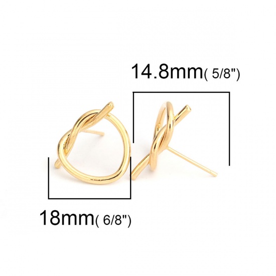 Picture of Brass & Sterling Silver Ear Post Stud Earrings 18K Real Gold Plated Heart 18mm x 14mm, Post/ Wire Size: (21 gauge), 6 PCs                                                                                                                                     