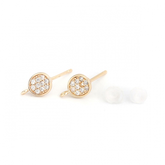 Picture of Brass & Sterling Silver Ear Post Stud Earrings 18K Real Gold Plated Round Clear Rhinestone 8mm x 5mm, Post/ Wire Size: (21 gauge), 4 PCs                                                                                                                      