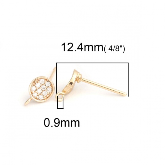 Picture of Brass & Sterling Silver Ear Post Stud Earrings 18K Real Gold Plated Round Clear Rhinestone 8mm x 5mm, Post/ Wire Size: (21 gauge), 4 PCs                                                                                                                      