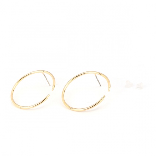 Picture of Brass Ear Post Stud Earrings 18K Real Gold Plated Round 3cm x 3cm, Post/ Wire Size: (21 gauge), 6 PCs                                                                                                                                                         