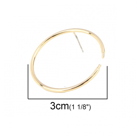 Picture of Brass Ear Post Stud Earrings 18K Real Gold Plated Round 3cm x 3cm, Post/ Wire Size: (21 gauge), 6 PCs                                                                                                                                                         