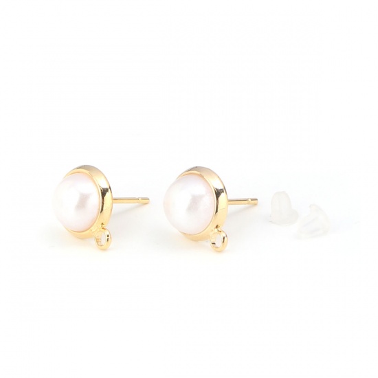 Picture of Brass Ear Post Stud Earrings 18K Real Gold Plated Round Acrylic Imitation Pearl 13mm x 10mm, Post/ Wire Size: (20 gauge), 10 PCs                                                                                                                              