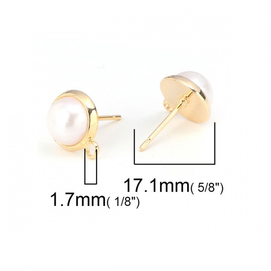 Picture of Brass Ear Post Stud Earrings 18K Real Gold Plated Round Acrylic Imitation Pearl 13mm x 10mm, Post/ Wire Size: (20 gauge), 10 PCs                                                                                                                              