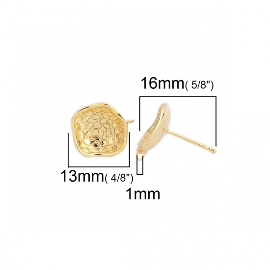Picture of Copper Ear Post Stud Earrings 18K Real Gold Plated Flower W/ Loop 13mm x 12mm, Post/ Wire Size: (19 gauge), 8 PCs