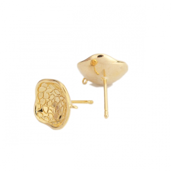 Picture of Copper Ear Post Stud Earrings 18K Real Gold Plated Flower W/ Loop 13mm x 12mm, Post/ Wire Size: (19 gauge), 8 PCs