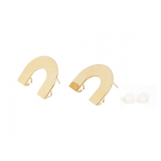 Picture of Brass Ear Post Stud Earrings 18K Real Gold Plated U-shaped W/ Loop 18mm x 15mm, Post/ Wire Size: (20 gauge), 6 PCs                                                                                                                                            