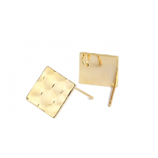 Picture of Brass Ear Post Stud Earrings 18K Real Gold Plated Square W/ Loop 17mm x 17mm, Post/ Wire Size: (19 gauge), 8 PCs                                                                                                                                              
