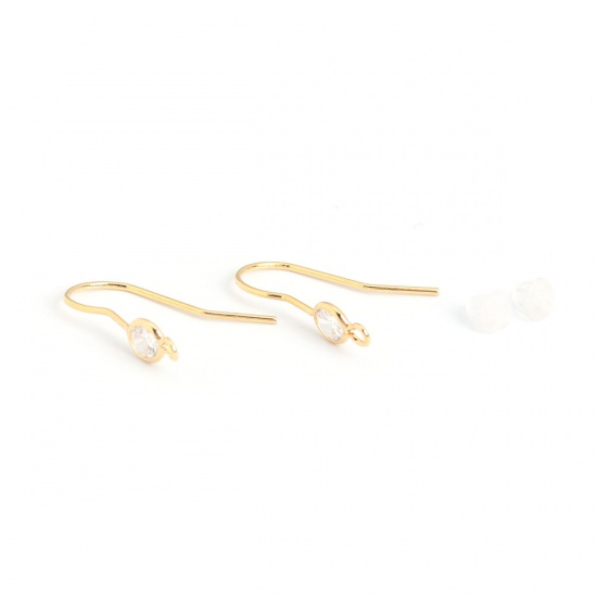 Picture of Brass Ear Post Stud Earrings 18K Real Gold Plated U-shaped W/ Loop Clear Rhinestone 18mm x 9mm, Post/ Wire Size: (21 gauge), 6 PCs                                                                                                                            