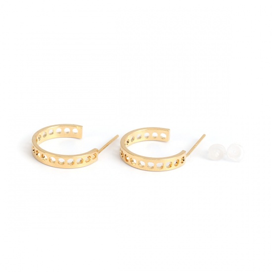 Picture of Brass Ear Post Stud Earrings 18K Real Gold Plated Round 16mm x 11mm, Post/ Wire Size: (20 gauge), 6 PCs                                                                                                                                                       