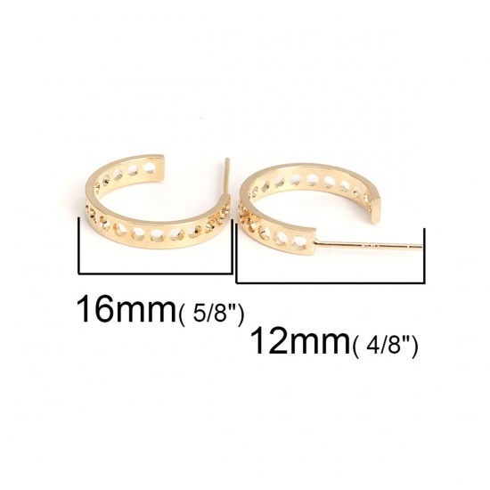 Picture of Brass Ear Post Stud Earrings 18K Real Gold Plated Round 16mm x 11mm, Post/ Wire Size: (20 gauge), 6 PCs                                                                                                                                                       