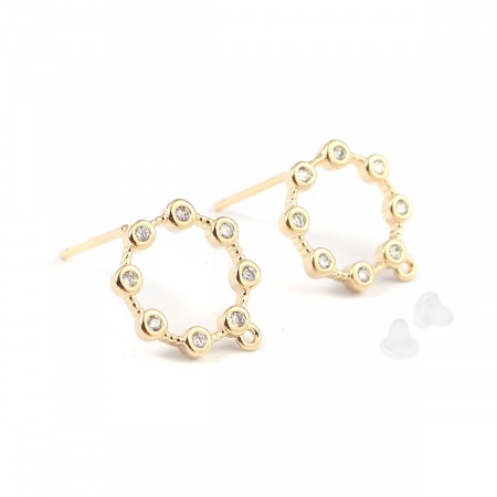 Brass Ear Post Stud Earrings 18K Real Gold Plated Circle Ring W/ Loop Clear Rhinestone 14mm x 13mm, Post/ Wire Size: (21 gauge), 4 PCs