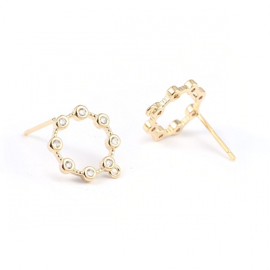 Picture of Brass Ear Post Stud Earrings 18K Real Gold Plated Circle Ring W/ Loop Clear Rhinestone 14mm x 13mm, Post/ Wire Size: (21 gauge), 4 PCs                                                                                                                        