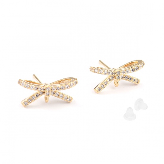 Picture of Brass Ear Post Stud Earrings 18K Real Gold Plated Bowknot W/ Loop Clear Rhinestone 15mm x 7mm, Post/ Wire Size: (21 gauge), 4 PCs                                                                                                                             