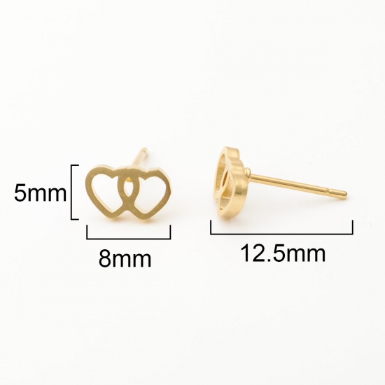 Picture of Stainless Steel Ear Post Stud Earrings Gold Plated Heart Hollow 8mm x 5mm, Post/ Wire Size: (21 gauge), 12 Pairs
