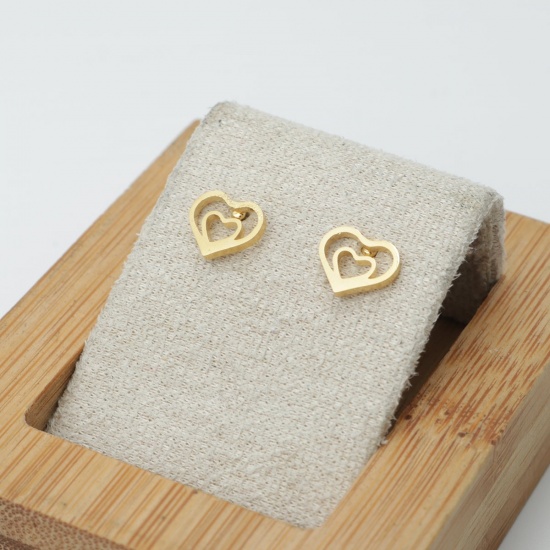 Picture of Stainless Steel Ear Post Stud Earrings Gold Plated Heart Hollow 9mm x 8mm, Post/ Wire Size: (21 gauge), 12 Pairs