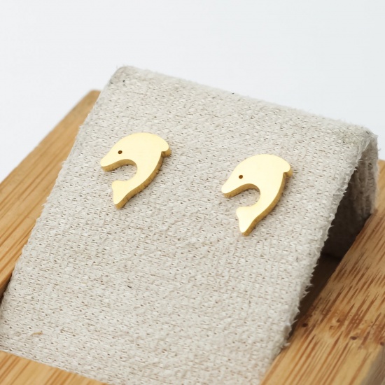 Picture of Stainless Steel Ocean Jewelry Ear Post Stud Earrings Gold Plated Dolphin Animal 11mm x 7mm, Post/ Wire Size: (21 gauge), 12 Pairs
