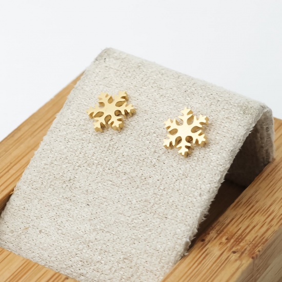 Picture of Stainless Steel Christmas Ear Post Stud Earrings Gold Plated Christmas Snowflake 9mm x 8mm, Post/ Wire Size: (21 gauge), 12 Pairs