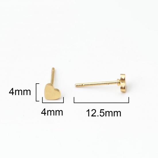 Picture of Stainless Steel Christmas Ear Post Stud Earrings Gold Plated Heart 4mm x 4mm, Post/ Wire Size: (21 gauge), 12 Pairs