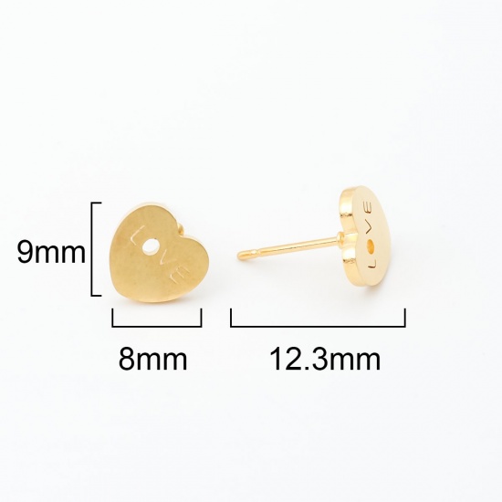 Picture of Stainless Steel Christmas Ear Post Stud Earrings Gold Plated Heart Love Symbol Hollow 9mm x 8mm, Post/ Wire Size: (21 gauge), 12 Pairs