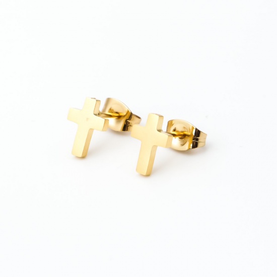 Picture of Stainless Steel Christmas Ear Post Stud Earrings Gold Plated Cross 9mm x 6mm, Post/ Wire Size: (21 gauge), 12 Pairs