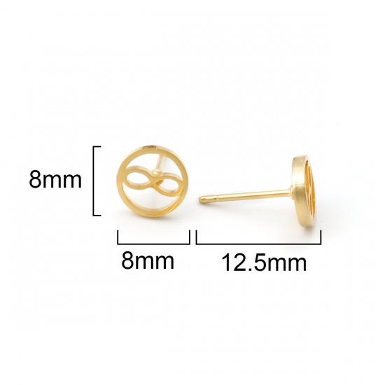 Picture of Stainless Steel Ear Post Stud Earrings Gold Plated Round Infinity Symbol Hollow 8mm Dia., Post/ Wire Size: (21 gauge), 12 Pairs