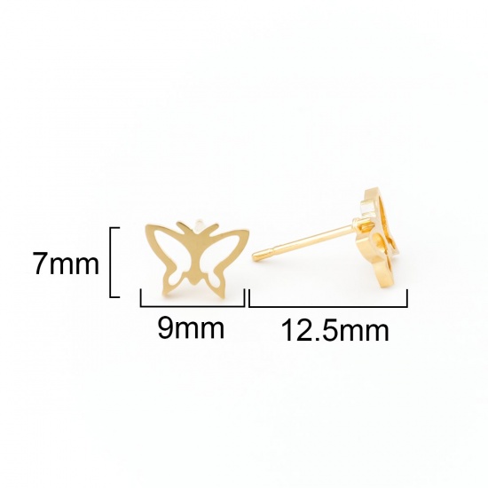 Picture of Stainless Steel Ear Post Stud Earrings Gold Plated Butterfly Animal Hollow 9mm x 7mm, Post/ Wire Size: (21 gauge), 12 Pairs