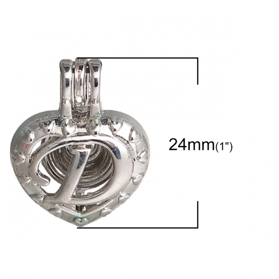 Picture of Zinc Based Alloy Wish Pearl Locket Jewelry Charms Heart Initial Alphabet/ Capital Letter Message " D " Silver Tone Can Open (Fit Bead Size: 8mm) 24mm x 19mm, 30 PCs