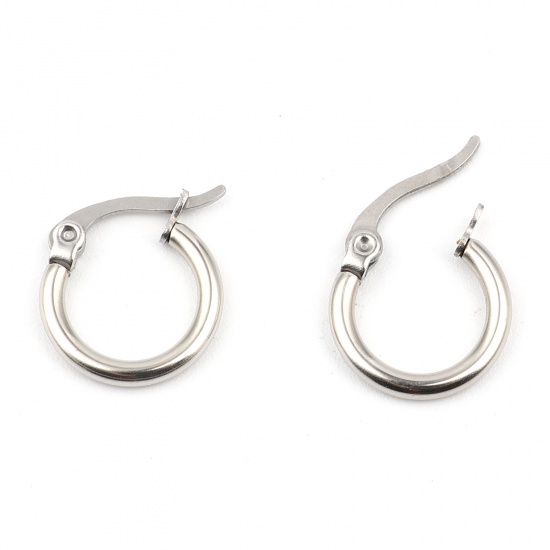 Picture of 304 Stainless Steel Hoop Earrings Silver Tone Circle Ring 14mm Dia., 2 PCs