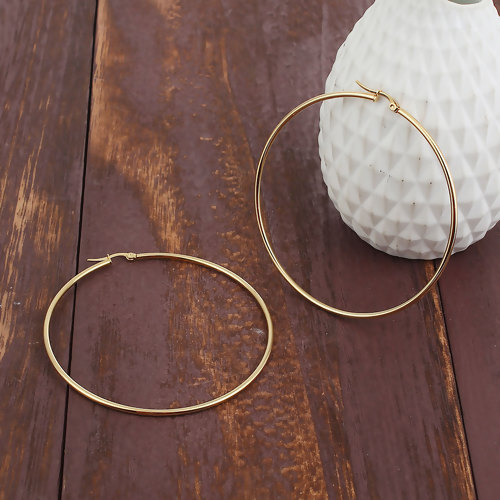 Picture of 304 Stainless Steel Hoop Earrings Gold Plated Circle Ring 14mm Dia., 2 PCs