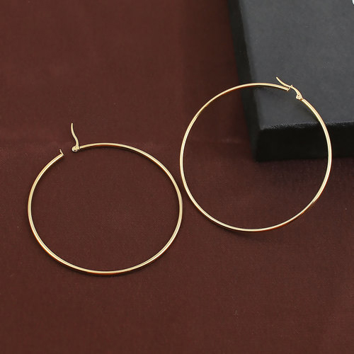 Picture of 304 Stainless Steel Hoop Earrings Gold Plated Circle Ring 14mm Dia., 2 PCs