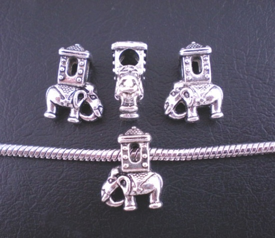 Picture of Zinc Metal Alloy European Style Large Hole Charm Beads Elephant Antique Silver 20.5x15mm, 10 PCs