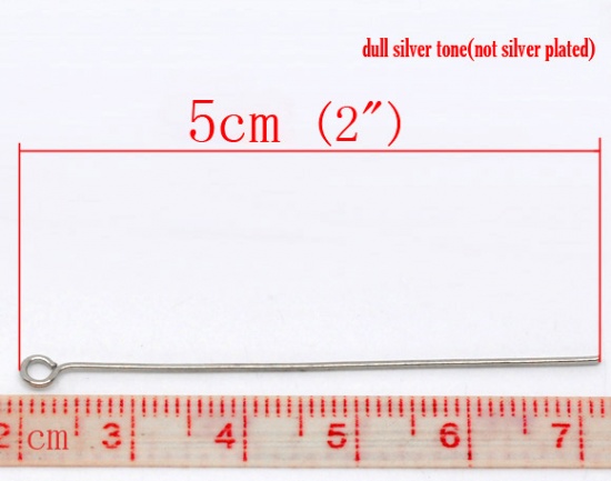 Picture of Alloy Eye Pins Silver Tone 5cm(2") long, 0.7mm (21 gauge), 300 PCs