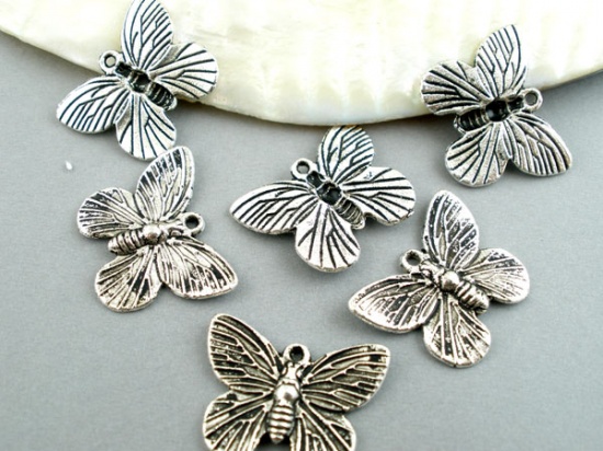 Picture of 50PCs Antique Silver Color Butterfly Charm Pendants 18x15mm