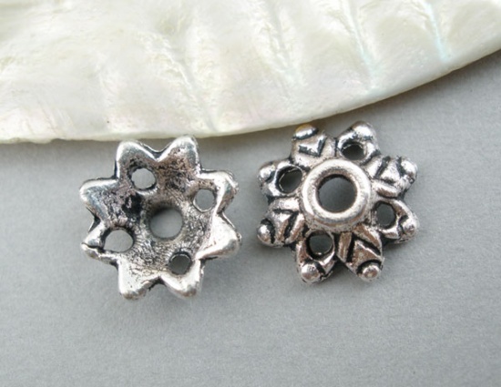 Picture of Zinc Based Alloy Beads Caps Flower Antique Silver Color Leaf (Fit Beads Size: 8mm-12mm Dia.) 9mm x 3mm, 150 PCs