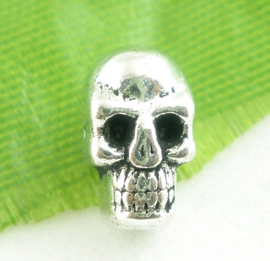 Picture of Zinc Based Alloy Beads Halloween Skull Antique Silver Color About 9mm x 5mm, Hole:Approx 1.2mm, 40 PCs