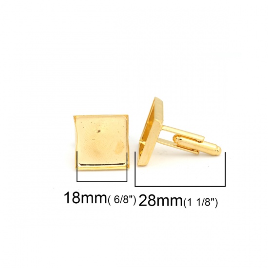 Picture of Brass Cuff Links Gold Plated Square Cabochon Settings (Fit 18mm x 18mm) 28mm x 19mm, 6 PCs