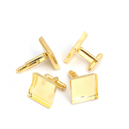 Picture of Brass Cuff Links Gold Plated Square Cabochon Settings (Fit 18mm x 18mm) 28mm x 19mm, 6 PCs                                                                                                                                                                    