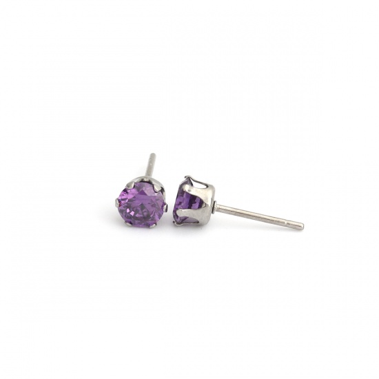 Picture of 316 Stainless Steel Ear Post Stud Earrings Silver Tone Round Purple Cubic Zirconia 6mm x 5mm, Post/ Wire Size: (20 gauge), 1 Pair