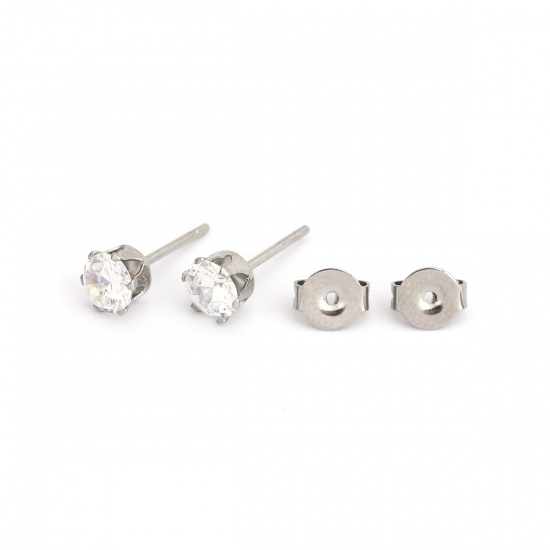 Picture of 316 Stainless Steel Ear Post Stud Earrings Silver Tone Round Clear Cubic Zirconia 6mm x 5mm, Post/ Wire Size: (20 gauge), 1 Pair