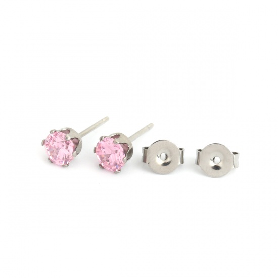 Picture of 316 Stainless Steel Ear Post Stud Earrings Silver Tone Round Pink Cubic Zirconia 6mm x 5mm, Post/ Wire Size: (20 gauge), 1 Pair