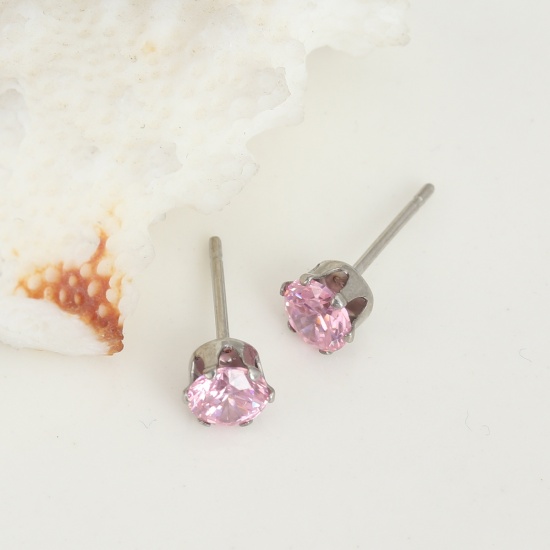 Picture of 316 Stainless Steel Ear Post Stud Earrings Silver Tone Round Pink Cubic Zirconia 6mm x 5mm, Post/ Wire Size: (20 gauge), 1 Pair