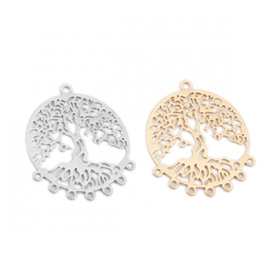 Picture of Brass Filigree Stamping Connectors Round Silver Tone Tree of Life 29mm x 25mm, 10 PCs                                                                                                                                                                         
