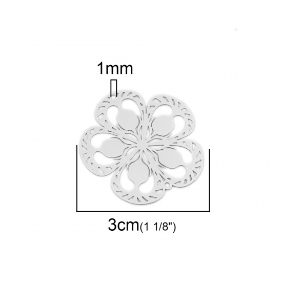 Picture of Brass Filigree Stamping Connectors Flower Silver Tone 30mm x 29mm, 10 PCs                                                                                                                                                                                     