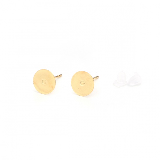 Picture of Stainless Steel Ear Post Stud Earrings Round Gold Plated Cabochon Settings (Fits 8mm Dia.) 8mm Dia., Post/ Wire Size: (21 gauge), 50 PCs
