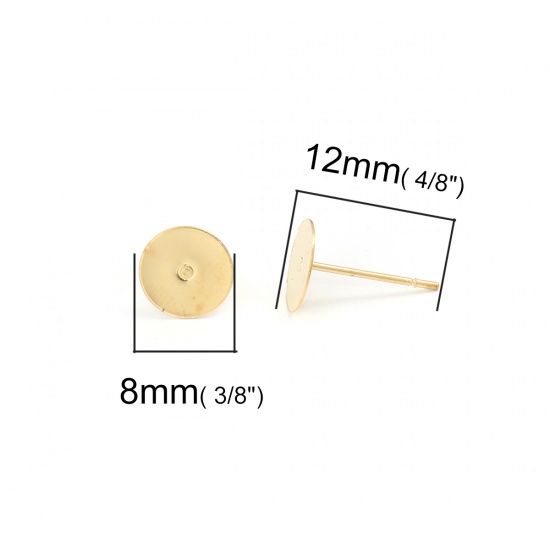 Immagine di Acciaio Inossidabile Orecchini a Perno Tondo Oro Placcato (Adatti Basi per Cabochon 8mm) 8mm Dia., Posta / Filo Dimensione: (21 misura), 50 Pz